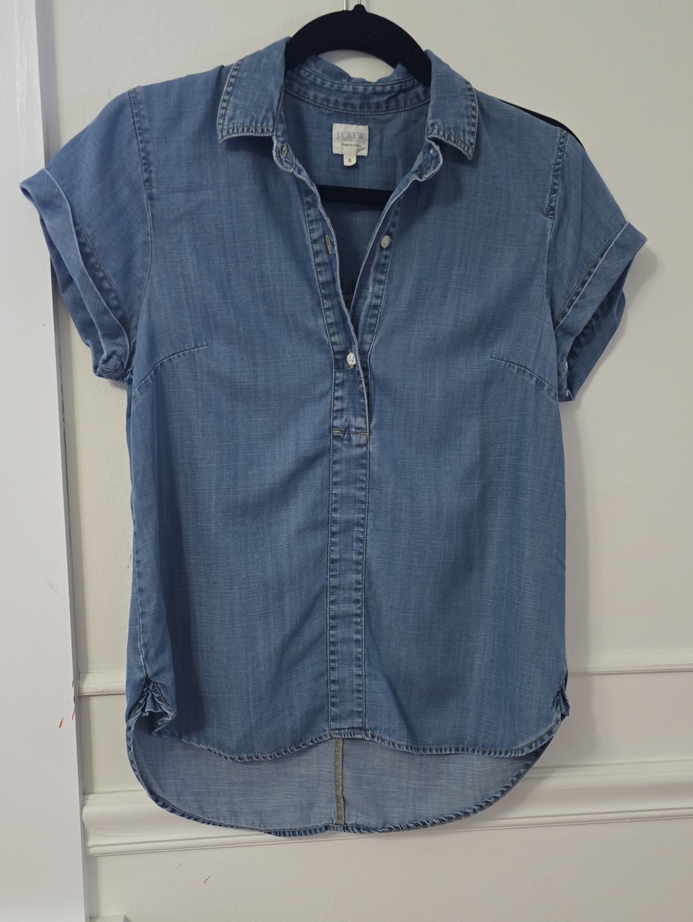 J. Crew Chambray Button-Down Short Sleeve Shirt - Blue